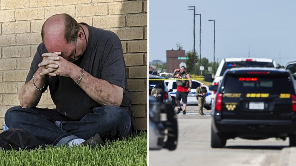 A man prays outside the Medical Centre Hospital Emergency room and police surround the area, where the Cinergy in Odessa. Source: Tim Fisher / AP.