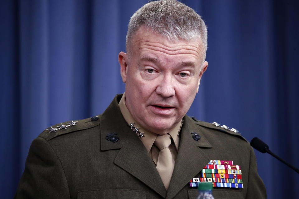 FILE - In this April1 14, 2018, file photo, then-Marine Lt. Gen. Kenneth "Frank" McKenzie speaks during a media availability at the Pentagon in Washington. In a blunt assessment Tuesday, Gen. Frank McKenzie, head of U.S. Central Command, told Congress it will be extremely difficult but not impossible for the U.S. to find, track and take out counterterrorism threats in Afghanistan once all American troops are withdrawn. (AP Photo/Alex Brandon, File)