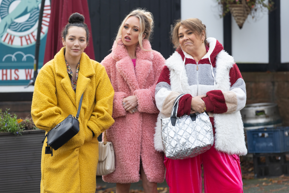 embargo 16012024 cleo mcqueen, theresa mcqueen and myra mcqueen in hollyoaks