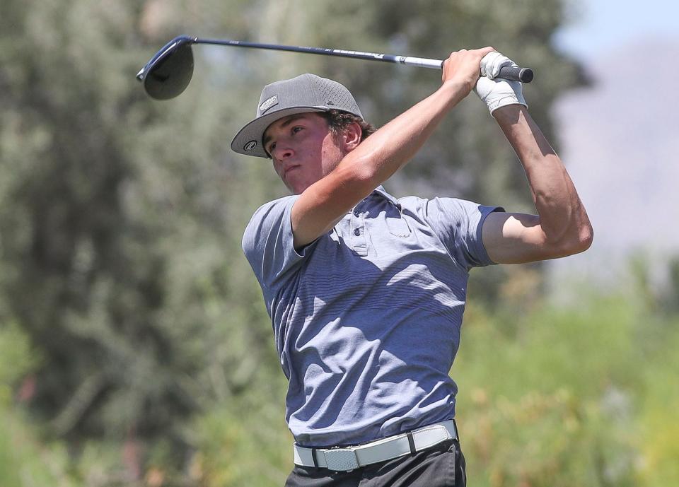 Caden Breisch, who plays for Palm Desert High School, tees off on the 10th hole at Andalusia during the U.S. Open local qualifier in La Quinta, Calif., May 7, 2024.