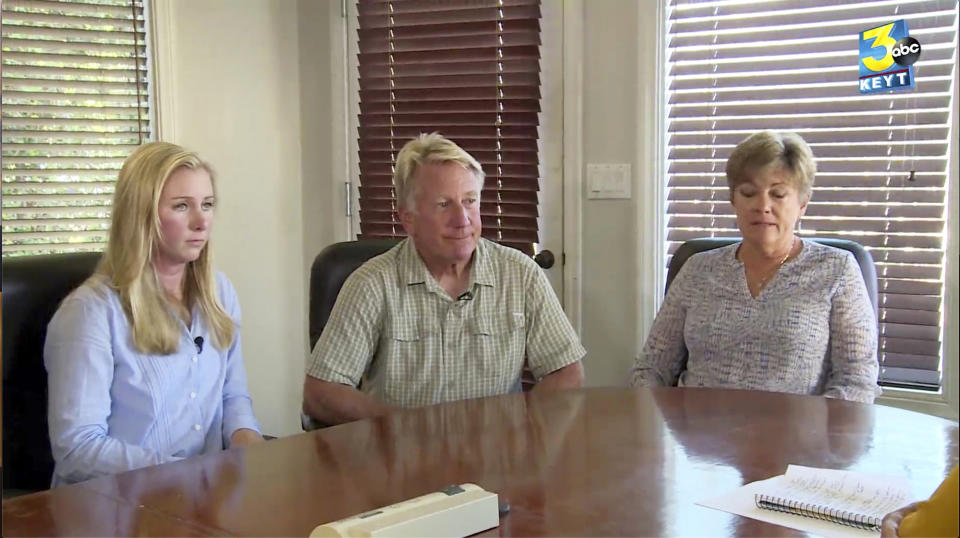 FILE - In this Sept. 5, 2019, file photo from video provided by KEYT-TV, the owners of Truth Aquatics and the dive boat Conception, Glen and Dana Fritzler, right, and their daughter Ashley, left, during an interview with News Channel Three's Beth Farnsworth in Santa Barbara, Calif. The family of the lone crew member to die in a fiery scuba boat disaster that killed all 33 passengers off the Southern California coast last year sued the vessel's owner Monday, Jan. 13, 2020, in federal court. The lawsuit by the family of Allie Kurtz claims the owners of the Conception knew the boat was unsafe and lacked required smoke detectors and fire equipment. (KEYT-TV via AP, File)