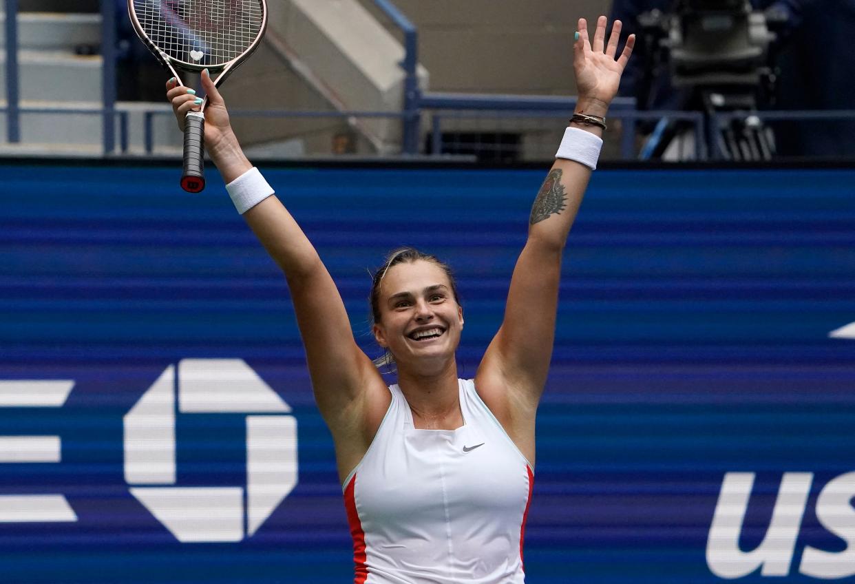 Belarus's Aryna Sabalenka celebrates her win against Czech Republic's Karolina Pliskova during their 2022 US Open Tennis tournament women's singles quarter-final match at the USTA Billie Jean King National Tennis Center in New York, on September 7, 2022. (Photo by TIMOTHY A. CLARY / AFP) (Photo by TIMOTHY A. CLARY/AFP via Getty Images)