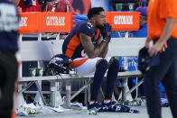 Denver Broncos wide receiver Tim Patrick (81) sits on the bench after an NFL football game against the Las Vegas Raiders, Sunday, Oct. 17, 2021, in Denver. The Raiders won 34-24. (AP Photo/Jack Dempsey)