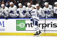 Toronto Maple Leafs left wing Nicholas Robertson (89) celebrates his goal during the second period of an NHL hockey game against the Buffalo Sabres, Saturday, March 30, 2024, in Buffalo, N.Y. (AP Photo/Jeffrey T. Barnes)