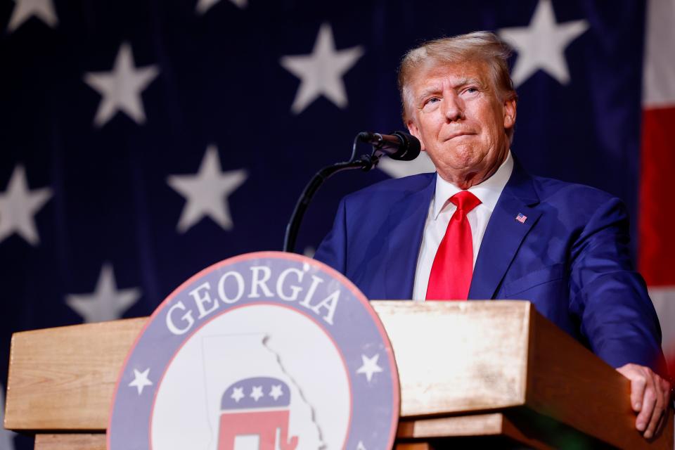 Former President Donald Trump delivers remarks during the Georgia state GOP convention at the Columbus Convention and Trade Center on June 10 in Columbus, Ga.