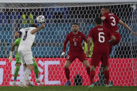 Italy's Giorgio Chiellini heads the ball during the Euro 2020, soccer championship group A match between Italy and Turkey, at the Rome Olympic stadium, Friday, June 11, 2021. (Alfredo Falcone/LaPresse via AP)
