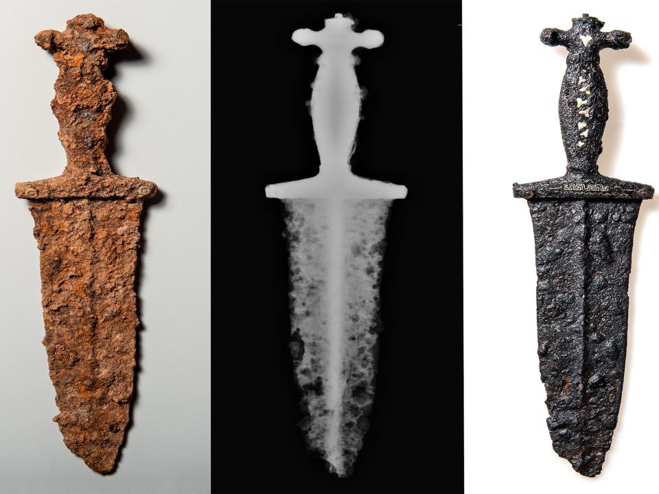 A dagger found from 15 BC in Oberhalbstein (Graubünden, Switzerland), before and after restorations