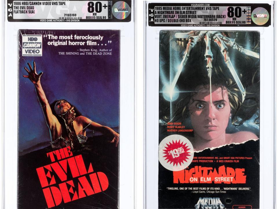 VHS tapes of "The Evil Dead" and "Nightmare on Elm Street"