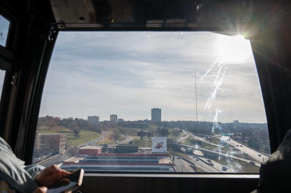 A skyline view of Kansas City is seen from the VIP gondolal looking south on the KC Wheel at Pennway Point district,