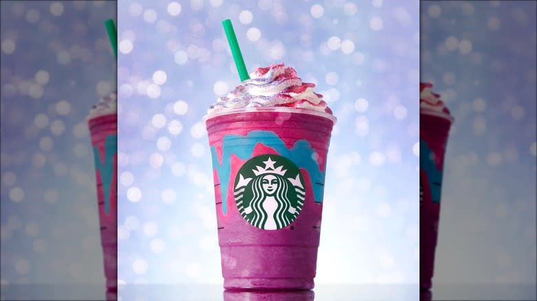 Unicorn Frappuccino against sparkly background