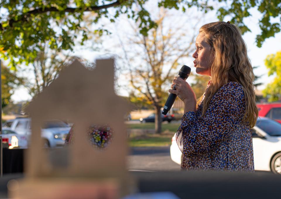 Kelly Evans, executive director of Neighbor to Neighbor, addresses the supporters and residents during the grand opening ceremony at Housing Hub Community Building on Oct. 5, 2023, in Fort Collins.