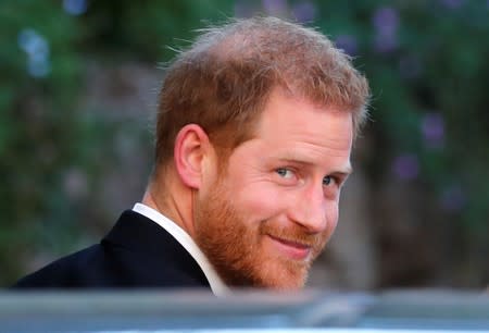 Britain's Prince Harry, Duke of Sussex, arrives to attend the wedding of fashion designer Misha Nonoo at Villa Aurelia in Rome