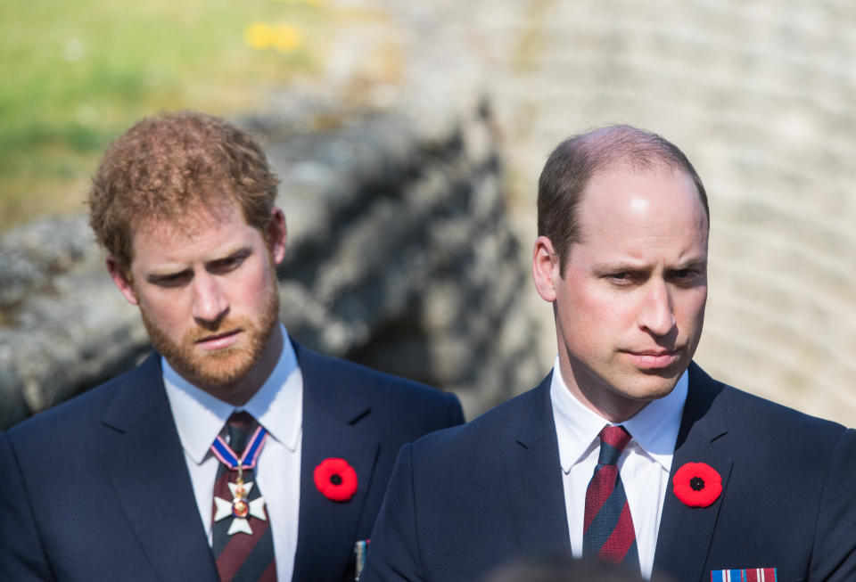 Prince William, Duke of Cambridge and Prince Harry walk through a trench during the commemorations for the 100th anniversary of the battle of Vimy Ridge on April 9, 2017 in Lille, France.  (Photo by Samir Hussein/WireImage)