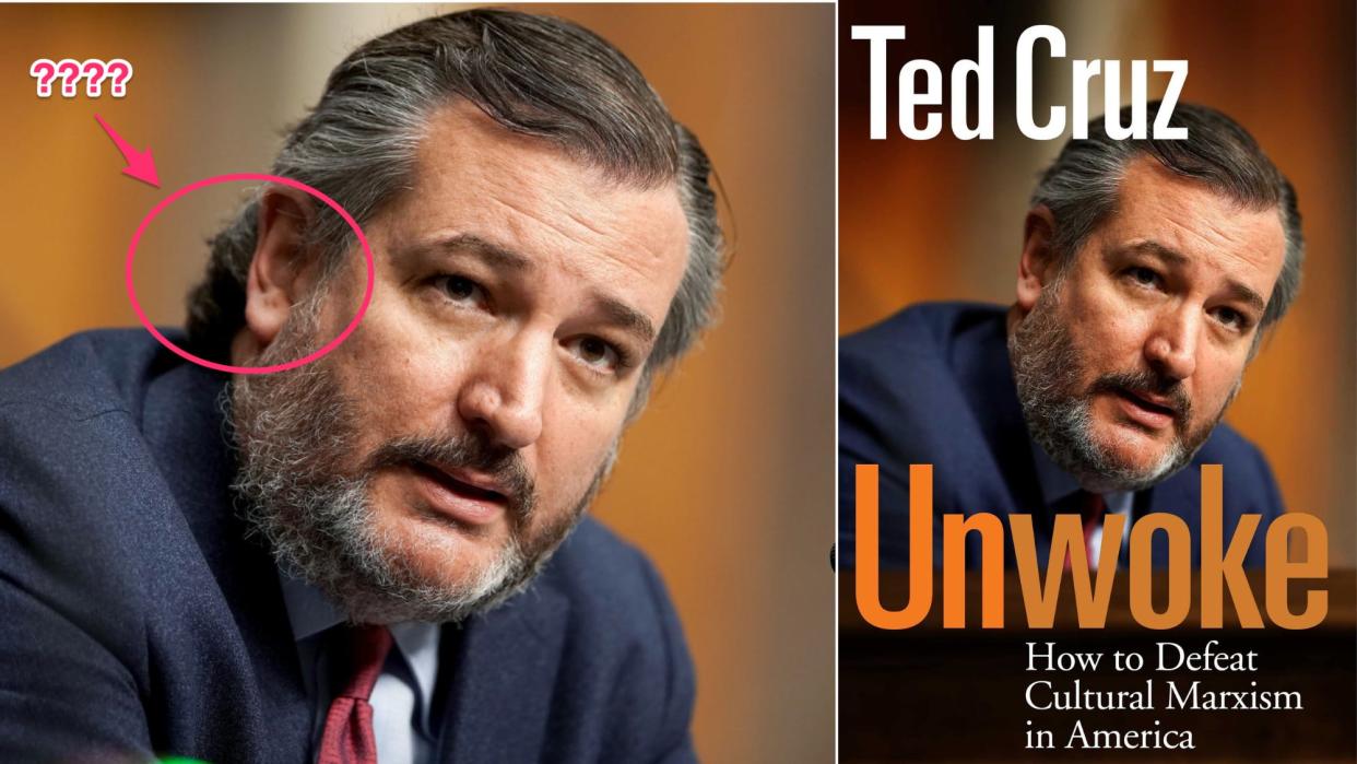 Ted Cruz with a mullet ta Senate hearing in 2021, and the same picture as used on the cover of his upcoming book from Regnery Publishing, with Cruz's mullet missing.