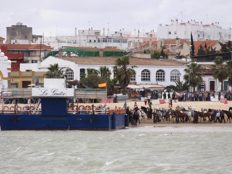 Am Ufer des Guadalquivir in Sanlúcar de Barrameda besteigen die Pilger samt Pferden und Ochsen eine Fähre. Foto: Manuel Meyer