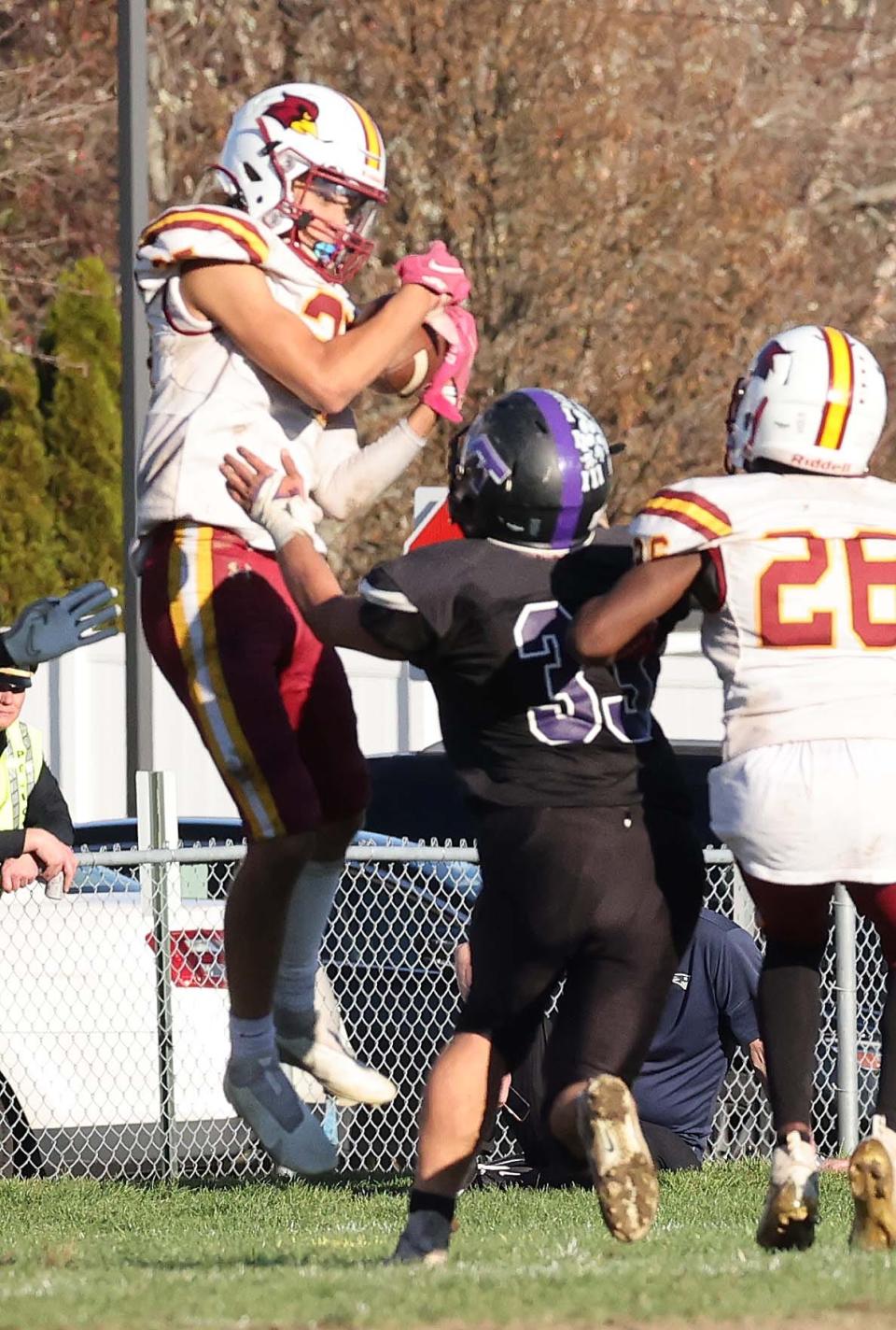 Cardinal Spellman's D'Anthony Amado makes the interception during a game versus Blackstone Valley Tech on Saturday, Nov. 12, 2022.