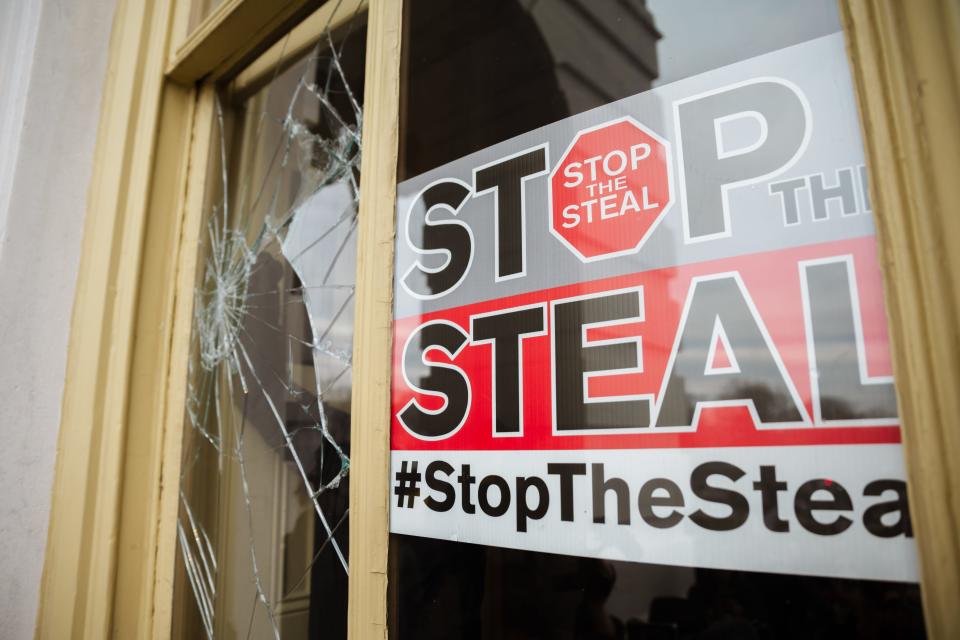 A Stop The Steal is posted inside of the Capitol Building after a pro-Trump mob broke into the U.S. Capitol on January 6, 2021 in Washington, DC.