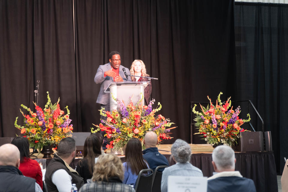 Pastor James Tudman and Mary Nell Hunter, the founder of Pray the City, lead the crowd in prayer Tuesday morning at the 34th annual Amarillo Community Prayer Breakfast at the Amarillo Civic Center.