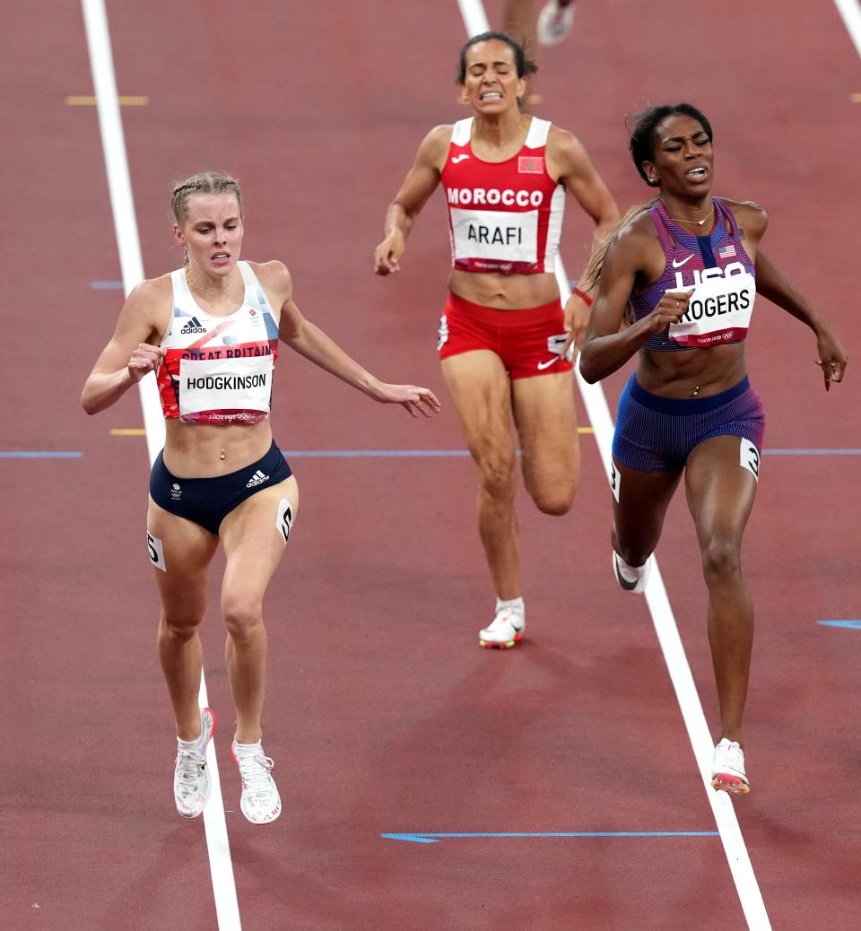 Great Britain’s Keely Hodgkinson, left, in action during the third semi-final of the Women’s 800 metres (Martin Rickett/PA) (PA Wire)