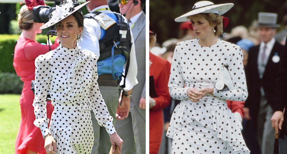 Duchess of Cambridge at Royal Ascot 2022 (left) and Princess Diana at Epsom Derby in 1986. (Getty Images)