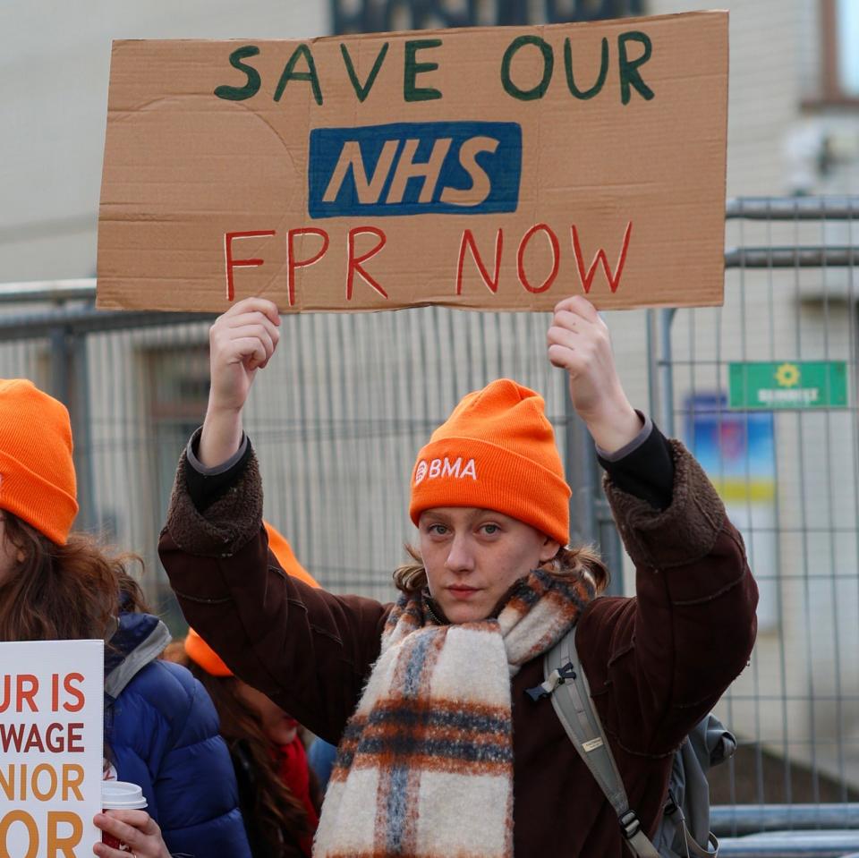 A junior doctor on the picket line at St Thomas’ Hospital in London on Wednesday