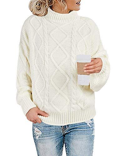 27) Womens Turtleneck Sweaters Oversized Long Sleeve Cable Knit Loose Fit Chunky Pullover Sweater Tops Creamy-White