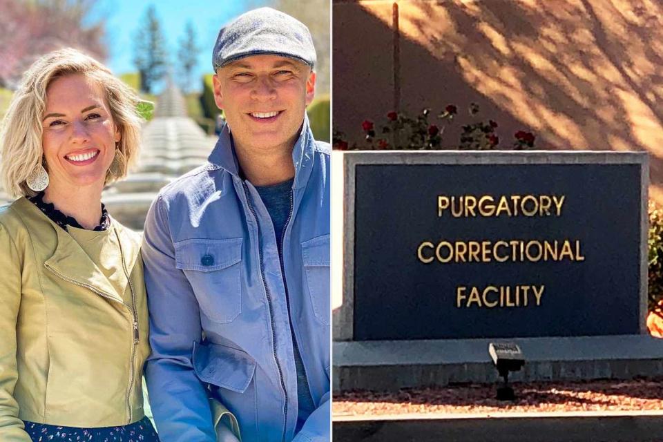 <p>Moms of Truth/Instagram; Washington County of Utah</p> Ruby and Kevin Franke and Purgatory Correctional Facility sign