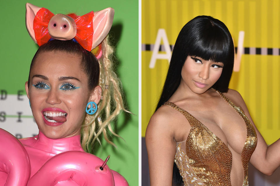 Miley smiling and Nicki looking sideways