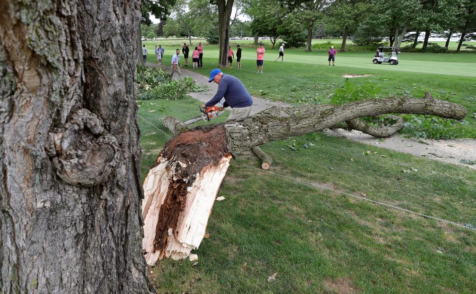 Firestone workers dispose of a large branch that fell onto the cart path between holes 1 and 9 during the Kaulig Companies Championship Pro-Am at Firestone Country Club on Wednesday in Akron.