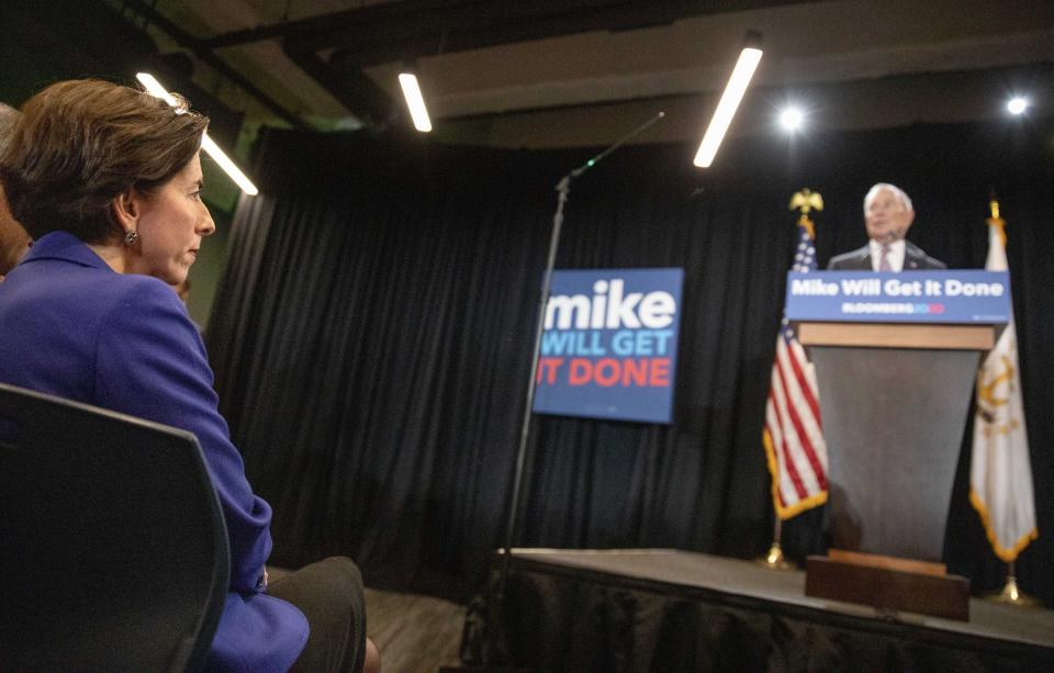 Rhode Island Gov. Gina Raimondo introduces Democratic presidential candidate and former New York City Mayor Mike Bloomberg at a campaign event Wednesday, Feb. 5, 2020, in Providence, R.I. Raimondo and the state Democratic Party have received thousands of dollars from Bloomberg and his daughter, and groups he gave millions to in 2014 spent more than $1 million to help her win the governor's seat. (AP Photo/David Goldman)