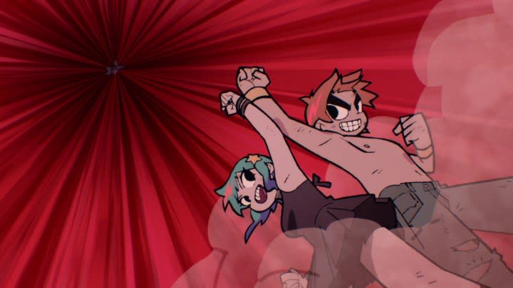 A young man and woman put their arms together with a red background in a scene from Scott Pilgrim Takes Off.