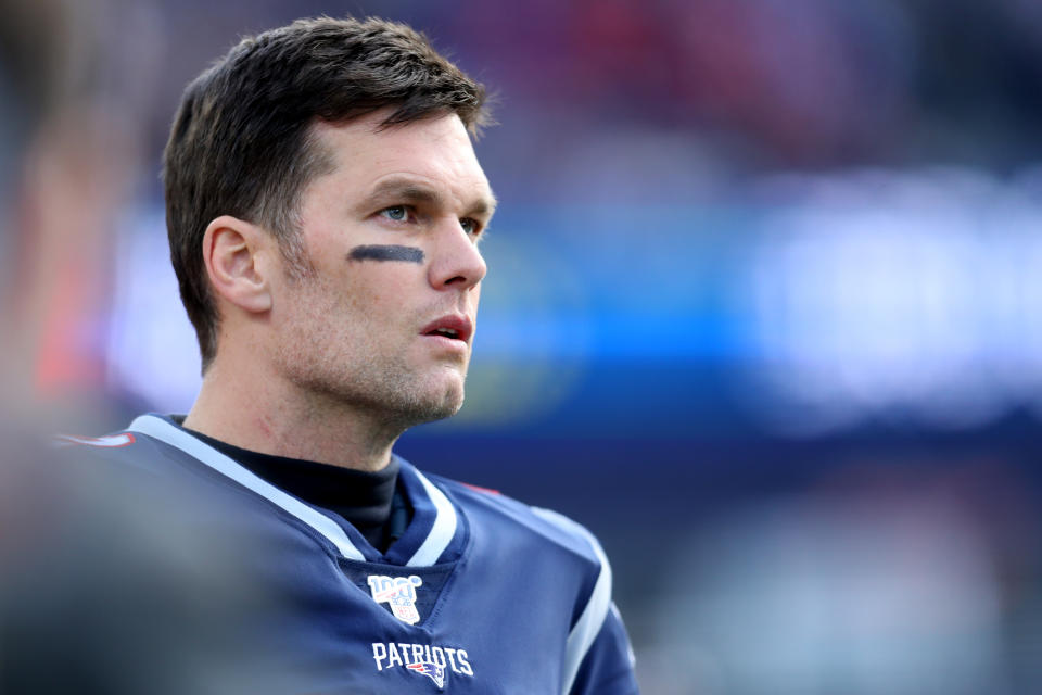 If Tom Brady was just picking up a playbook from Byron Leftwich, then why did he have a duffel bag? (Photo by Maddie Meyer/Getty Images)