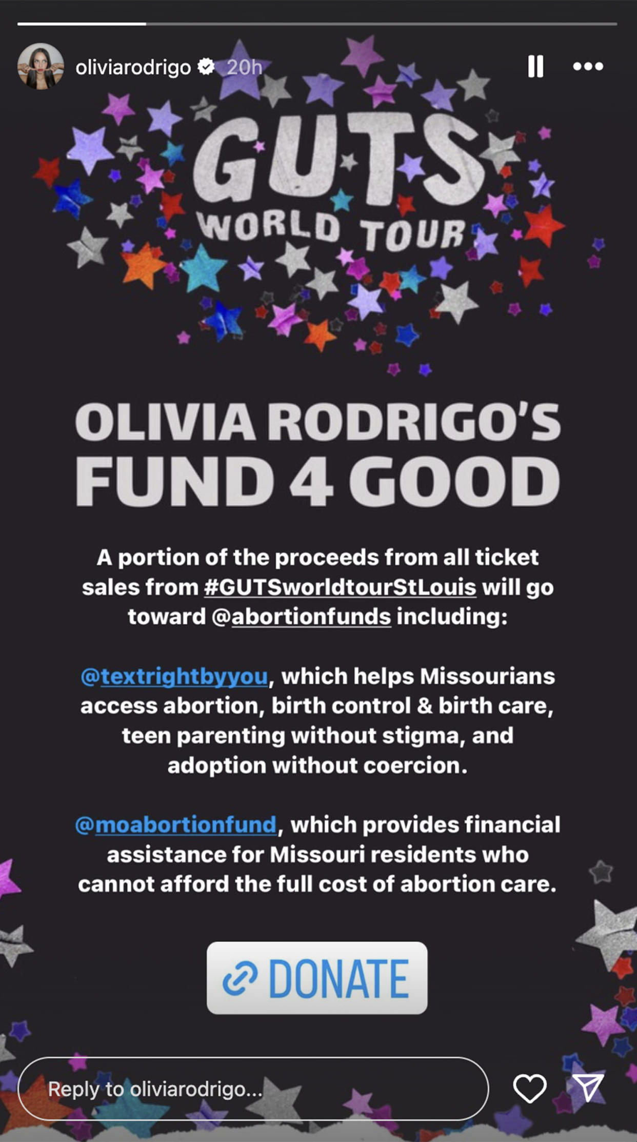 Olivia Rodrigo announced a series of reproductive rights initiatives in an Instagram story.  (@oliviarodrigo via Instagram)