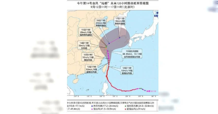 中國中央氣象台對璨樹颱風的路徑預估。（圖／中國中央氣象台）