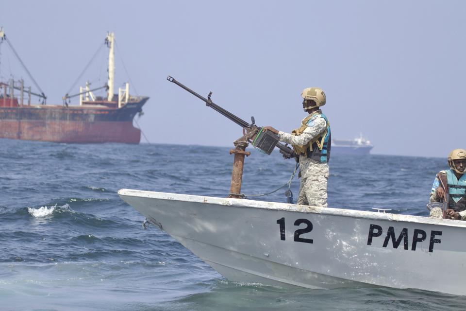 Somalia maritime police from PMPF patrol in the Gulf of Aden off the coast of semi-autonomous Puntland State in Somalia, Sunday, Nov. 26, 2023. Somalia’s maritime police force on Thursday, Nov. 30 intensified patrols in the Red Sea following a failed pirate hijacking of a ship in the Gulf of Aden earlier this week. (AP Photo/Jackson Njehia)