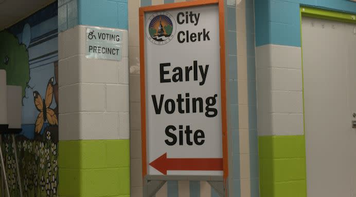 A sign marking an early voting site for Lansing’s May 7 special election. (WLNS)