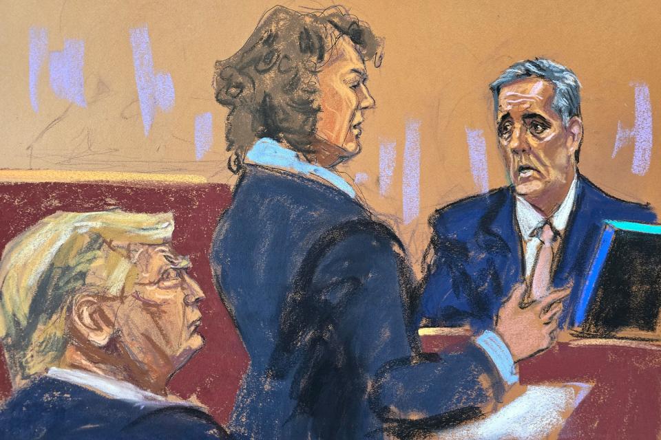 A courtroom sketch of Michael Cohen while under questioning by prosecutor Susan Hoffinger at Donald Trump's Manhattan hush-money trial.