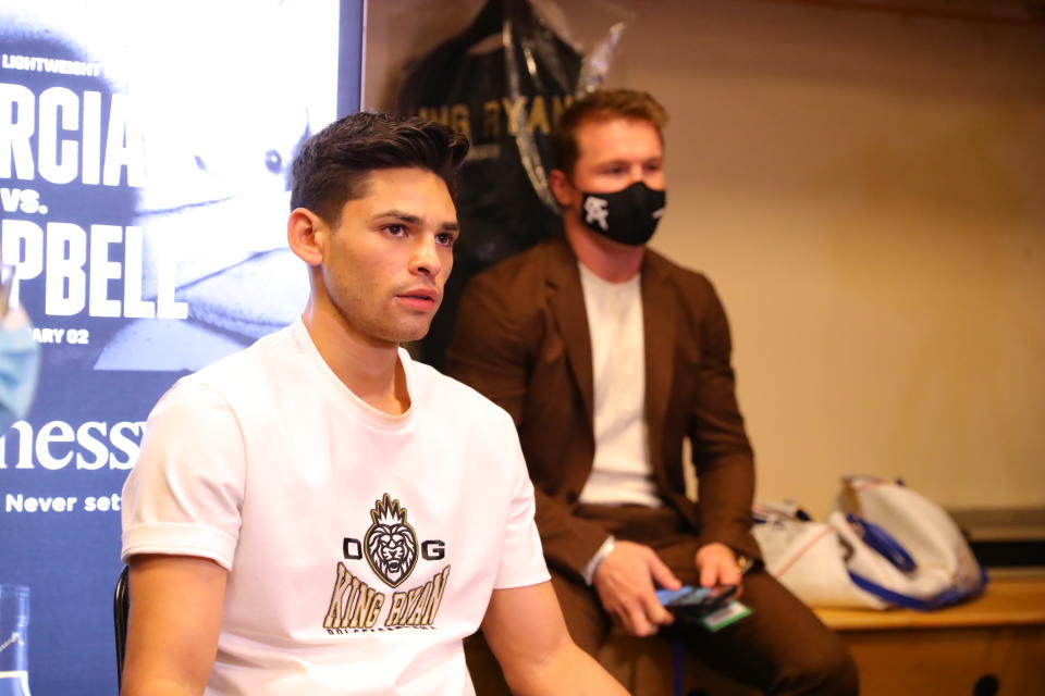 DALLAS, TEXAS - JANUARY 02: Saul Canelo Alvarez supports Ryan Garcia in the locker room before Garcia's fight against Luke Campbell at American Airlines Center on January 02, 2021 in Dallas, Texas. (Photo by Tom Hogan/Golden Boy Promotions via Getty Images)