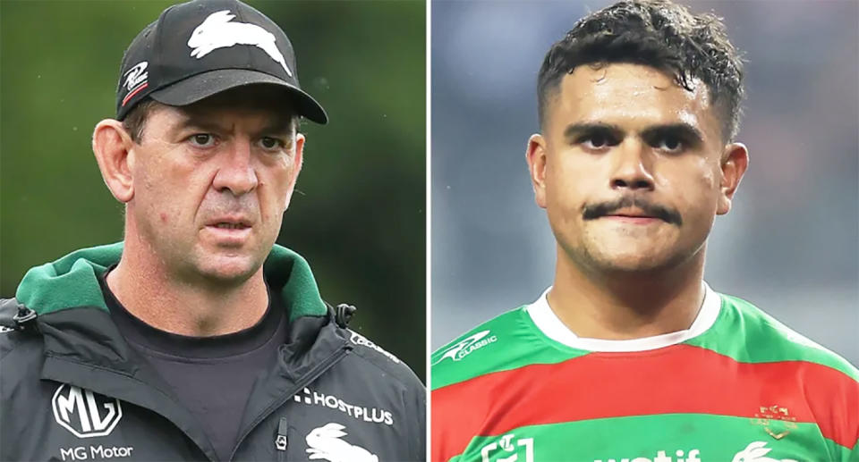 Pictured left to right are Rabbitohs coach Jason Demetriou and star Latrell Mitchell.