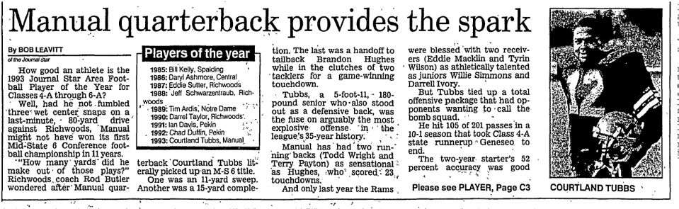 Courtland Tubbs was named the 1993 Journal Star football player the year when he played at Manual. In that same school year, he was part of the Rams' state championship basketball team and won JS baseball player of the year.