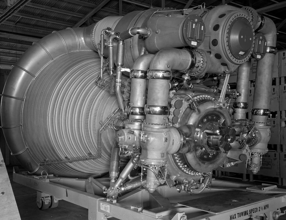 This 1963 photo provided by NASA shows an F-1 Engine for the Saturn V S-IC (first) stage at Marshall Space Flight Center in Huntsville, Ala. An undersea expedition spearheaded by Amazon.com CEO and founder Jeff Bezos used sonar to find what he said were the F-1 engines that helped boost the Apollo 11 mission on July 16, 1969 located 14,000 feet deep in the Atlantic. In an online announcement Wednesday, Bezos said he is drawing up plans to recover the sunken engines, part of the mighty Saturn V rocket that launched Neil Armstrong, Buzz Aldrin and Michael Collins on their moon mission. (AP Photo/NASA)