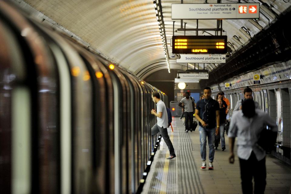 A Northern Line underground train at Tottenham Court Road Station in London.