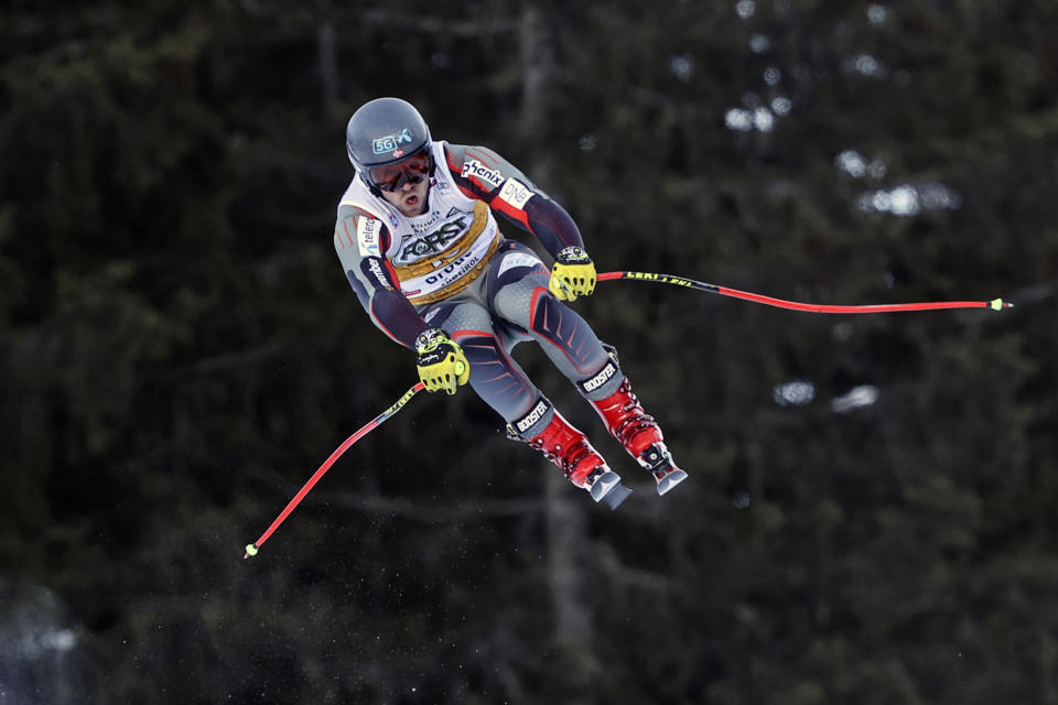 FILE - Norway's Aleksander Aamodt Kilde speeds down the course during an alpine ski, men's World Cup downhill training, in Val Gardena, Italy, Thursday, Dec. 16, 2021. Second in the overall at the Beijing Olympics is 2019-20 champion Kilde, a 29-year-old from Norway who is dating American alpine skier Mikaela Shiffrin and skiing well after returning from a knee injury. (AP Photo/Alessandro Trovati, File)