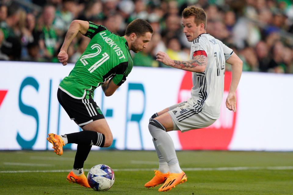 Austin FC defender Adam Lundqvist, left, tries to control the ball against San Jose Earthquakes midfielder Jackson Yueill during the first half of Saturday night's 2-2 tie at Q2 Stadium.  The draw was El Tree's sixth straight match without a win.