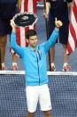 Sep 11, 2016; New York, NY, USA; Novak Djokovic of Serbia displays the finalist trophy after being defeated by Stan Wawrinka of Switzerland in four sets in the championship match on day fourteen of the 2016 U.S. Open tennis tournament at USTA Billie Jean King National Tennis Center. Mandatory Credit: Anthony Gruppuso-USA TODAY Sports