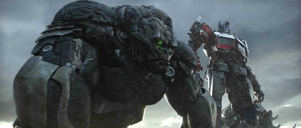 Optimus Primal (voiced by Ron Perlman, left) and Optimus Prime (Peter Cullen) are a dynamic duo in "Transformers: Rise of the Beasts."