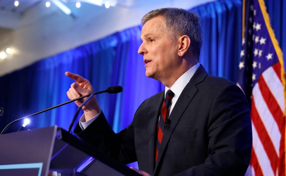 Attorney General Josh Stein speaks during a North Carolina Democrats primary election night party at Maywood Hall and Gardens in Raleigh, N.C., Tuesday, March 5, 2024, after Stein won the Democratic primary for governor