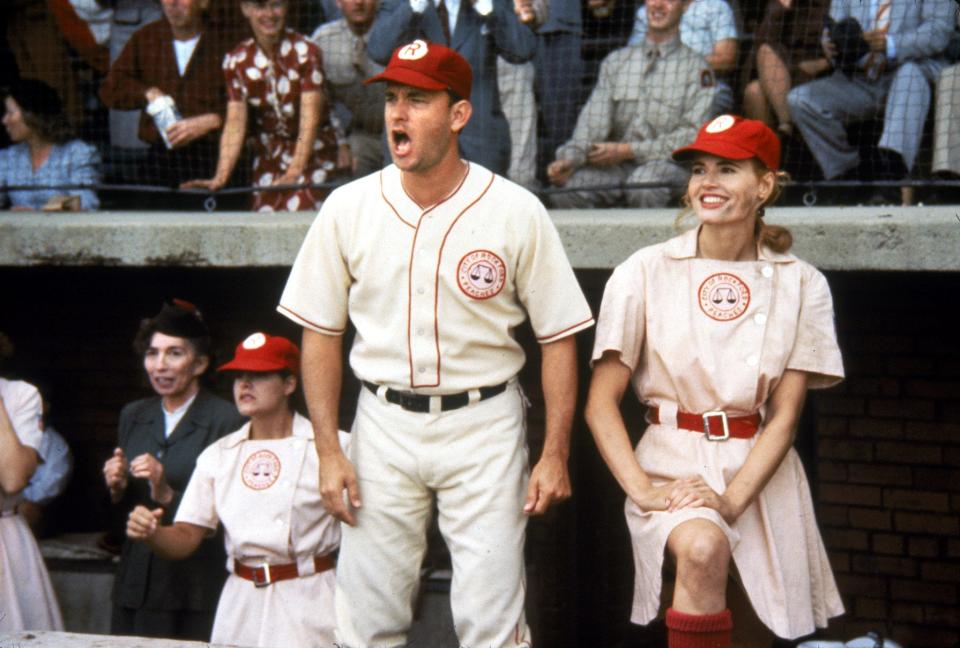 Tom Hanks stars as the alcoholic coach of a team of female baseball players (including Geena Davis) in "A League of Their Own."