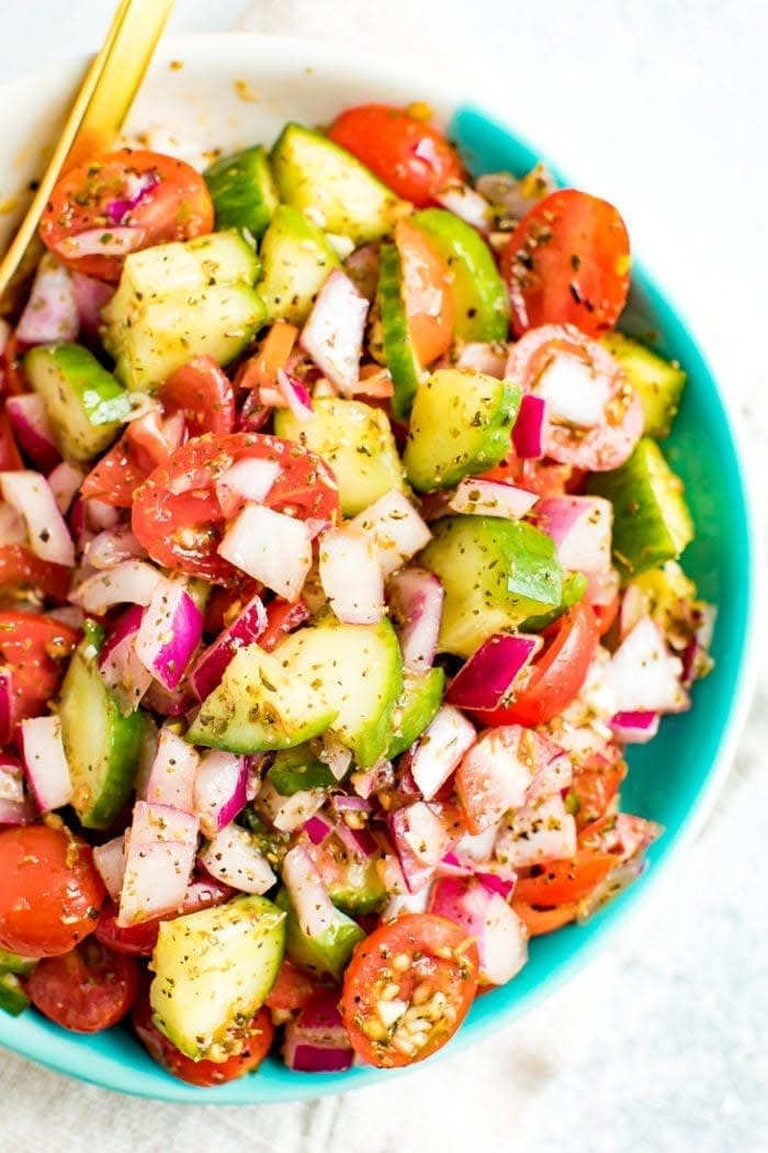 <p>This simple cucumber-and-tomato salad tastes even better if the veggies come from your own <a href="https://www.self.com/story/gardening-tips?mbid=synd_yahoo_rss" rel="nofollow noopener" target="_blank" data-ylk="slk:backyard garden;elm:context_link;itc:0;sec:content-canvas" class="link ">backyard garden</a>.</p> <p>Get the recipe <a href="https://www.eatingbirdfood.com/simple-cucumber-tomato-salad/" rel="nofollow noopener" target="_blank" data-ylk="slk:here;elm:context_link;itc:0;sec:content-canvas" class="link ">here</a>.</p>