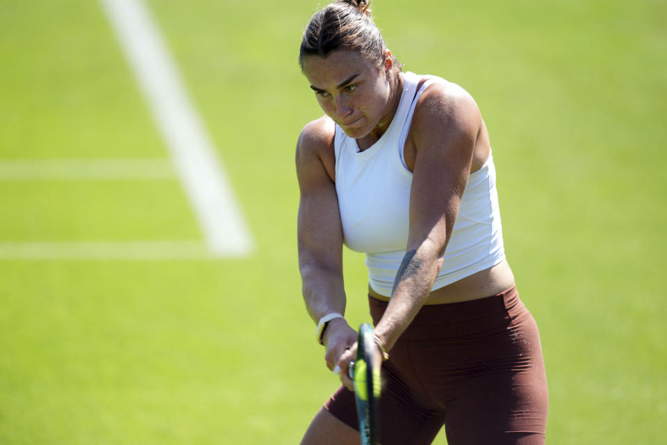 Aryna Sabalenka during a training session at the All England Lawn Tennis and Croquet Club in Wimbledon ahead of the Wimbledon Championships, which begins on July 1st, on Tuesday June 25, 2024. (John Walton/PA via AP)
